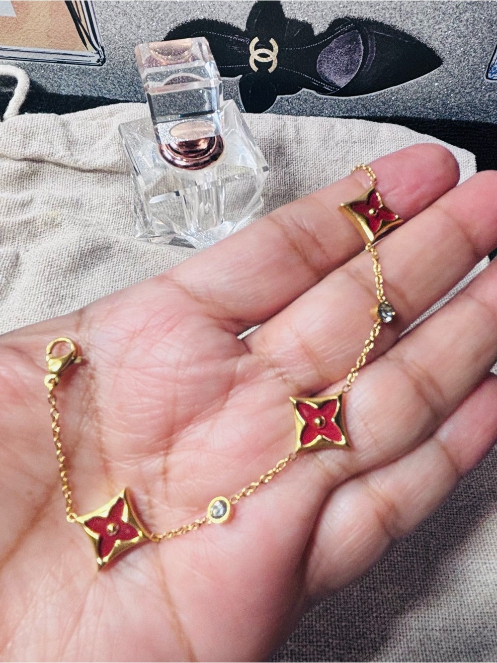 Gold-filled Red Flower Link Bracelet-7”-8.5”